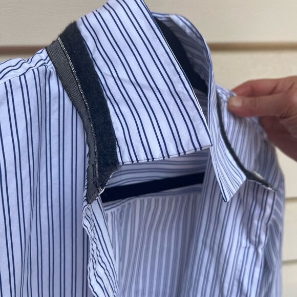 Lafayette 148 white w/blue narrow stripes, button down shirt, long sleeves, S/M - Picture 7 of 11